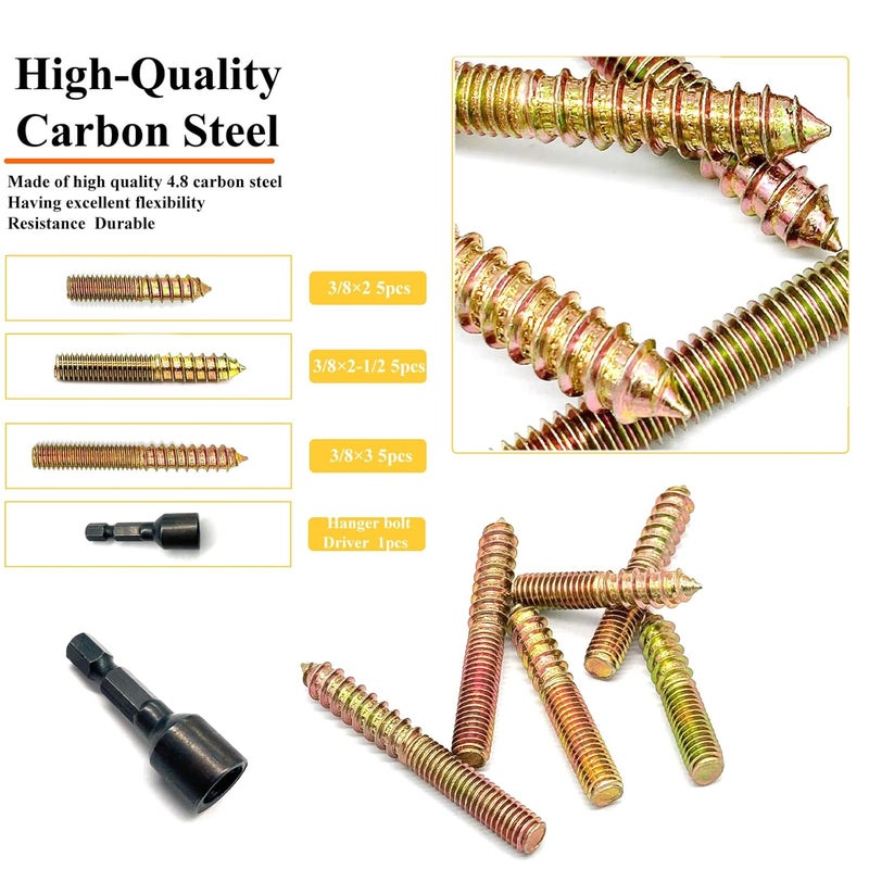 Matrelt 16Pack 3/8-16" Hanger Bolts 3Sizes 2-3 Inch Include1 pcs Hanger Bolt Driver Double Headed Bolts Wood Dowel Screw Self-Tapping Screw Hanger Bolts for Furniture Screws Wood Screws Threaded Rods Bolt - Image 3